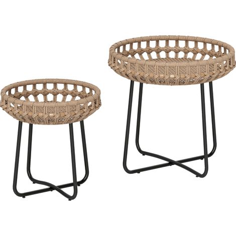 Set aus 2 runden Beistelltischen aus Polyrattan, Ø60/41 cm, wetterfest, mit X-förmigen Beinen und verstellbaren Gleitern, braun.