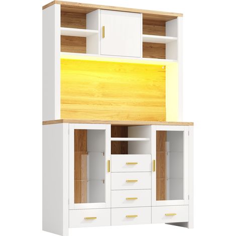 Credenza cucina multifunzione 120x40x188 cm in MDF e vetro, bianca effetto legno, LED, MODENUIT (1/5)