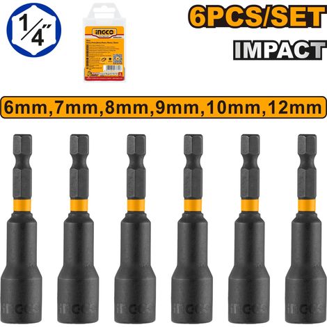 INGCO PUNTA DESTORNILLADOR 1/4" VASO IMPACTO 6-7-8-9-10-12 mm.(BLISTER 6 PZ.AMN65061