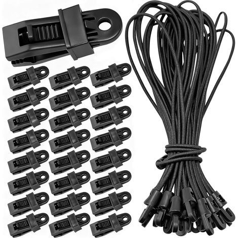 25 x Tent Tarp Clips and 25 x Rubber Bungee Cord with Hooks, Heavy Duty Locking Clip Kits, Adjustable Tent Cloth Clamp for Tarpaulins Awnings Banners (1/5)