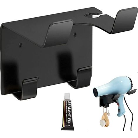 Porte Seche Cheveux sans Percage Noir Support Seche Cheveux Adhesif avec Deux Crochets Accroche Seche Cheveux Mural Acier Inoxydable,pour Salles de Bains d'h么tel (avec de la Colle) (1/5)