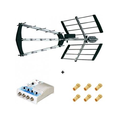 Antenne Trinappe TNT UHF Elap Clever + Amplificateur TV TNT Intérieur 1 entrée 4 Sorties - 43 dB, Filtre 4G, 5G Lte + 6 fiches F Or (1/5)