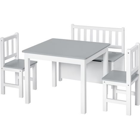 Ensemble table et chaises enfant HOMCOM 4 pièces table 2 chaises banc coffre 2 en 1 MDF pin blanc gris (1/5)