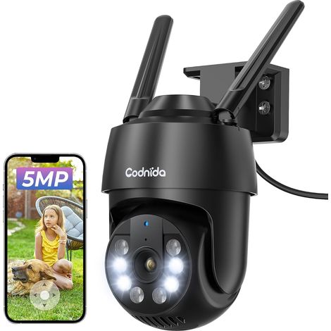 Codnida Caméra de Surveillance Extérieure WiFi 5MP, Caméra IP 2.4/5GHz avec Suivi Automatique, Vision Nocturne en Couleur, Enregistrement 24/7 et Étanchéité IP66, Noir (1/5)