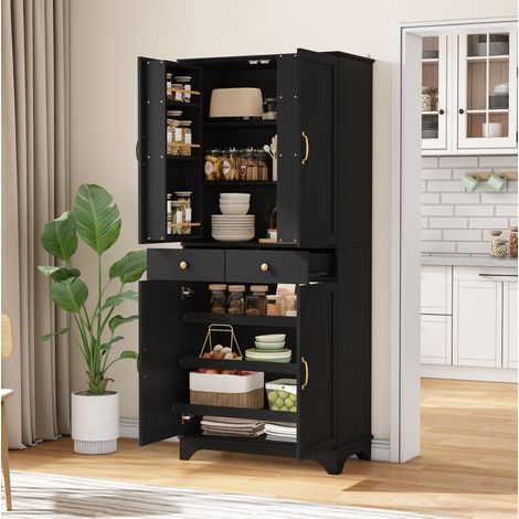 FLORAGRACE Buffet haut 77 x 40 x 181 cm noir en MDF, avec étagères réglables, deux tiroirs et compartiment bas à plateau coulissant (1/5)