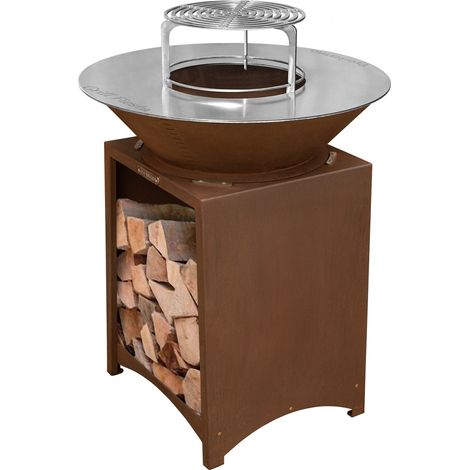 Monmobilierdesign – Brasero haut acier corten Ø 75 cm – Grille amovible inox – Barbecue plancha extérieur – Résistant à la corrosion