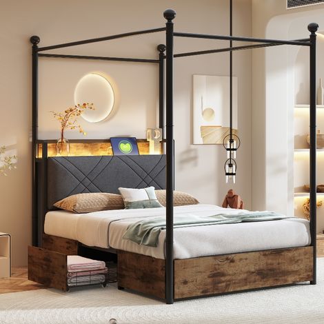 Himmelbett 90x190 mit Stauraum und LED-Beleuchtung, multifunktionales Jugendbett aus Metall in Schwarz, inkl. USB-Anschluss und Schubladen (1/5)