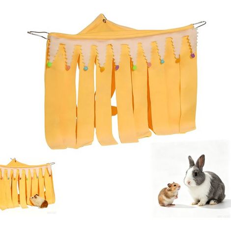 Abri d’angle pour petits animaux 30 x 30 x 40 cm – Maison pour cochon d’Inde hamster et autres petits animaux – Abri avec franges et jouet – Jaune (1/5)