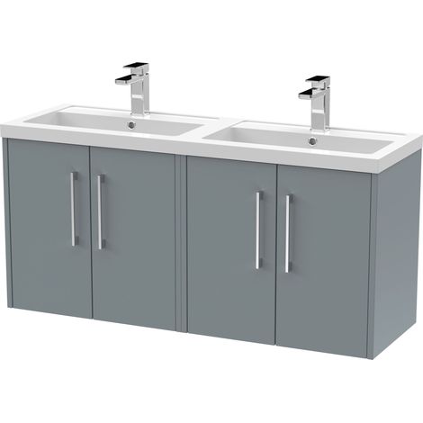 Winshill Contemporary 4 Door Wall Hung Vanity Unit with Double Basin, Grey, 1200mm