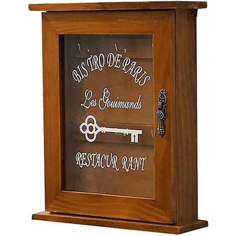 Boîte à clés en armoire murale rétro avec porte magnétique rangement durable massif organique 6 crochets support de décora Bois (1/4)