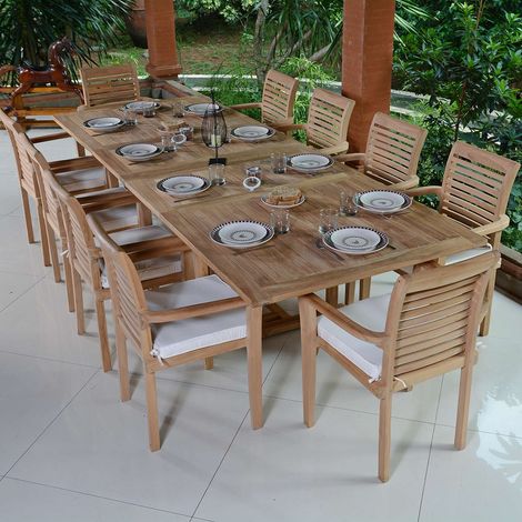 Teck'Attitude – Salon de jardin en teck massif extensible 10 places – Table rectangulaire Sydney avec 2 rallonges – Fauteuils Samoa empilables (1/5)