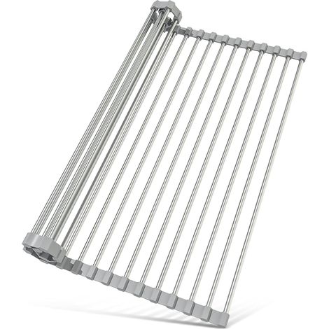 Scolapiatti pieghevole in acciaio inox, tappetino asciugatutto salvaspazio, accessori da cucina multifunzionali per asciugare posate, verdura e frutta, 43 x 20 cm, robusto e (1/4)
