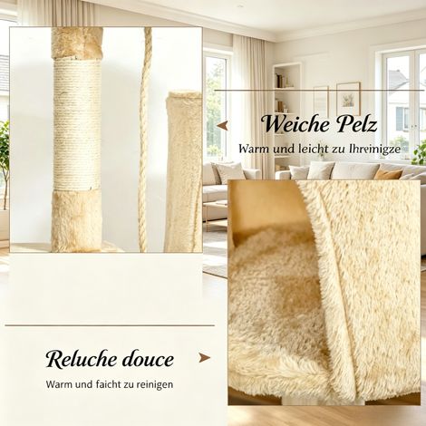 Kratzbaum 40x40x114 cm aus Spanplatte beige mit Höhle, platzsparend – MEUBLIV (1/5)