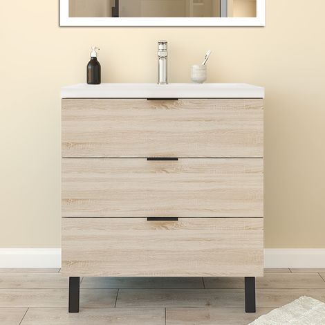 Biubiubath Meuble de Salle de Bain 60cm avec 3 tiroirs + 2 Pieds, Meuble simple vasque, Chêne