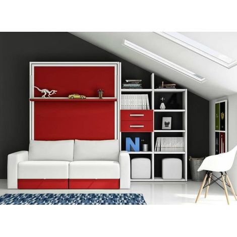 Lit escamotable 80x180 avec canapé coffre et étagères Modula-Façade Blanche-Canapé Gris foncé (1/5)