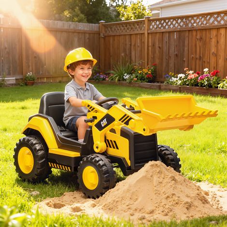 Elektrischer Bulldozer für Kinder von 3–6 Jahren, lizenziert von CAT, mit Schaufel, 12V 7AH Elektro-Bagger-Traktor zum Draufsitzen mit 2 Motoren, Fernbedienung, Musik, Bluetooth und USB, Gelb