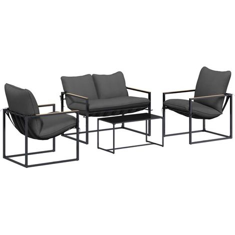 Ensemble de canapé de jardin quatre pièces, structure en acier noir et gris anthracite (1/5)