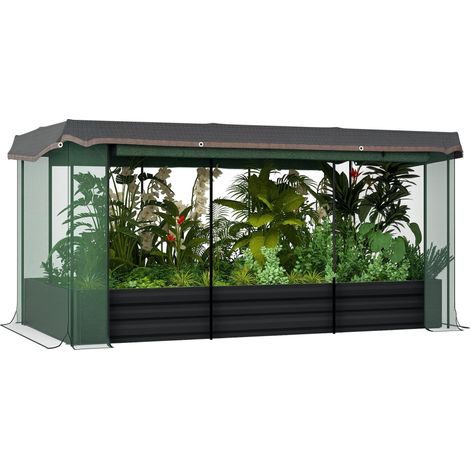 Potager surélevé avec filet de protection contre les oiseaux et pare-soleil, structure métallique, 230 x 110 x 110 cm, gris/vert/noir