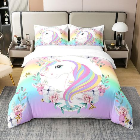 Homemissing Enfants Filles Arc-en-Ciel Licorne Literie Set Mignon Fleur Housse De Couette 220 x 240 Cm 100% Coton Ensemble Animaux Magiques Parure De Lit Dream (1/5)