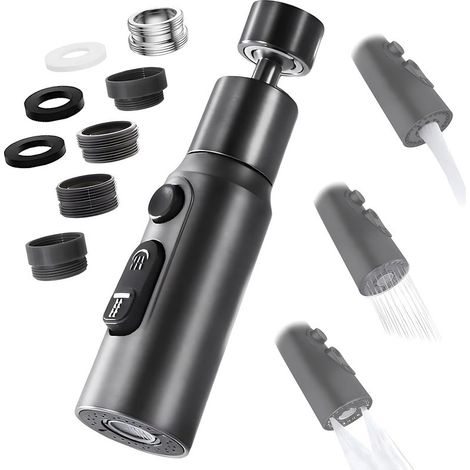Wasserhahn-Luftsprudler, 360° schwenkbarer Küchenarmatur-Düsenaufsatz mit 3 Strahlarten, wassersparender Luftsprudler, wassersparender Adapter für Badezimmerarmaturen, Schwarz (1/5)