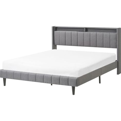 Bett mit LED BEAULIEU Stoff Dunkelgrau 160 x 200 cm mit Stauraum mit USB-Anschluss (1/5)
