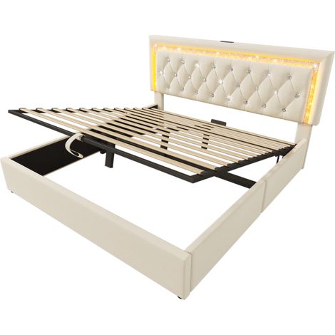 Cama capitoné 140x200 cm de terciopelo beige con LED, USB-C y colchón incluido (1/5)
