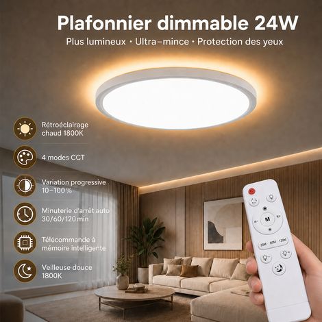 ROSNEK EVS-CMT-M-24W Plafonnier LED rond ultrafin 29 cm 24 W 3200 lm avec veilleuse ambrée 1800 K et télécommande, blanc (1/5)
