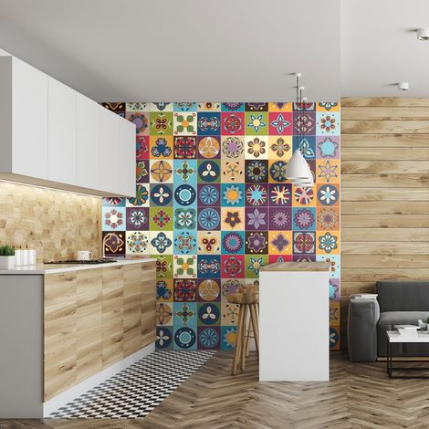 60 Stickers adhésifs carrelages Sticker Autocollant Carreaux de ciment Mosaïque carrelage mural salle de bain et cuisine Carreaux de ciment adhésif mural azulejos 15 x 15 cm 60 pièces (1/4)