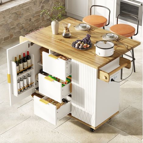 Chariot de cuisine 134/46/88 cm blanc avec plateau rabattable et prise (1/5)