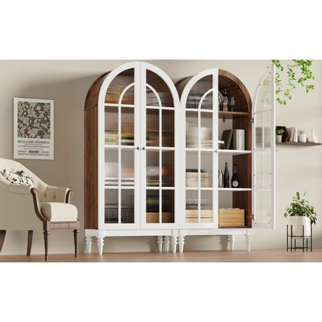 Set 2 vetrine con arco e vetro rigato, MDF noce/bianco, 76 x 38,5 x 165 cm (1/5)