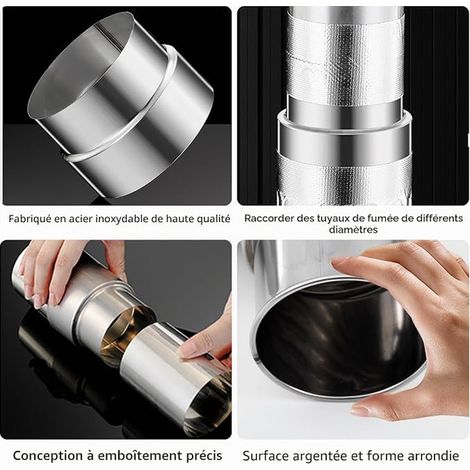 Extension de tuyau de poêle de 130 à 150 mm - Réduction de tuyau de poêle de 13 cm à 15 cm - En tôle d'acier inoxydable argenté - Raccord de tuyau de descente - Forme ronde - Réduction des (1/4)