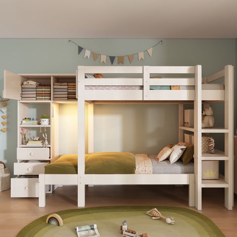 Lit superposé décalé 90x200 cm avec rangements, veilleuse LED à détecteur de mouvement, armoire, 3 tiroirs et étagères, blanc (1/5)