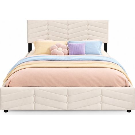 Lit 2 places 140x200 cm en velours beige avec sommier à lattes, tête de lit réglable et capitonnée, structure stable pour chambre adulte ou ado - FLORAGRACE (1/5)