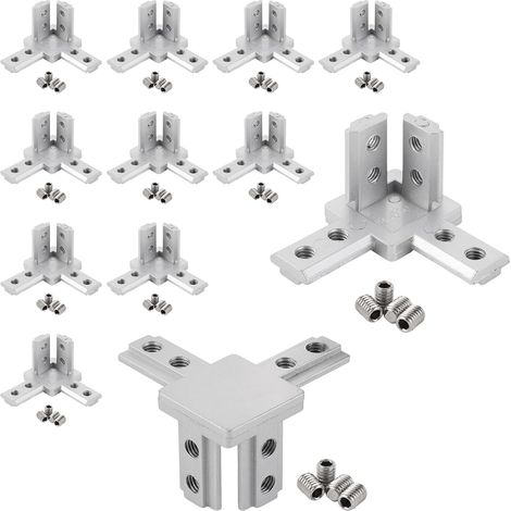 Lot de 12 raccords en aluminium à 3 voies pour profilé en aluminium 30 x 30 mm, raccord d'angle avec vis M6 rainure 5 mm, matériel de fixation, profilé en aluminium 3030, argenté (1/5)