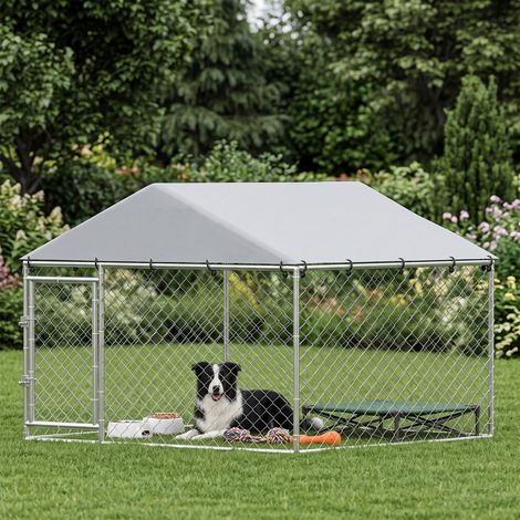 Enclos extérieur pour chien en acier galvanisé avec toit en PE, anti-UV, imperméable, argent (1/5)