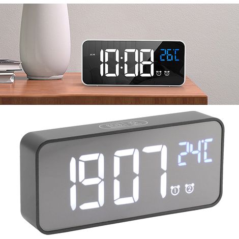 Réveil numérique grand format avec miroir LED, réveil musical, réveil intelligent à luminosité automatique, chargement USB (1/5)