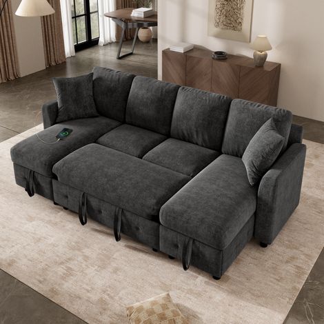 Canapé convertible en U avec rangement, prise USB et Type-C, 260x128x82 cm, chenille gris foncé (1/5)