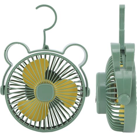 Ventilateur de bureau USB, petit ventilateur de bureau à 3 vitesses, portable et rechargeable, avec crochet caché, pour la maison, le bureau et l'extérieur (vert). (1/5)