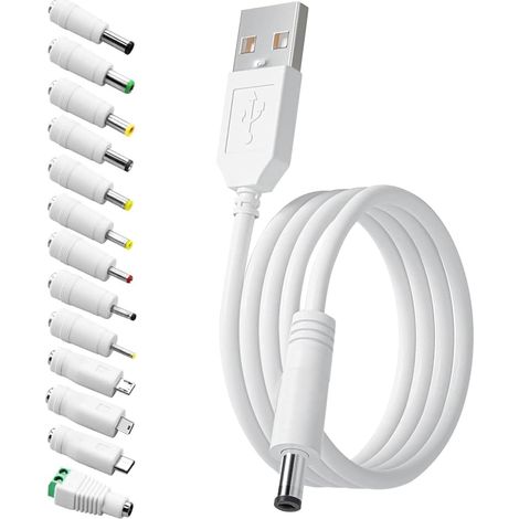 Universal USB to DC 5V to 1.5M Power Cable, Multi USB to DC Adapter 5.5x2.1mm to 13 Connectors for Electronic Devices, White. (1/5)