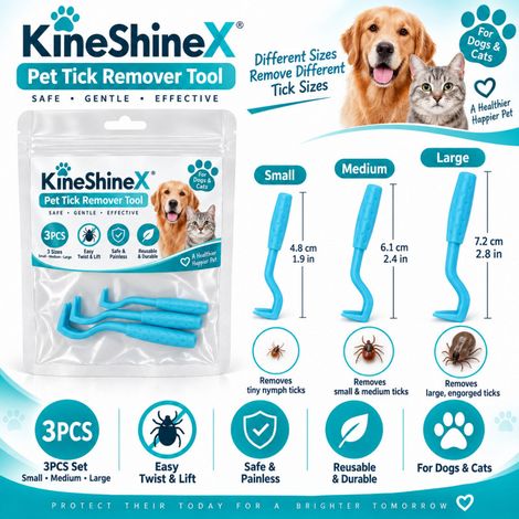 Das KineShineX Pet Tick Removal Tool, geeignet für Katzen und Hunde, zeichnet sich durch eine rotierende Hebebewegung aus, die sicher, schmerzlos und wiederholbar ist. (1/4)