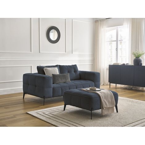 BOBOCHIC - Canapé droit fixe 2 places ANIS tissu bouclette avec pouf   Bleu foncé