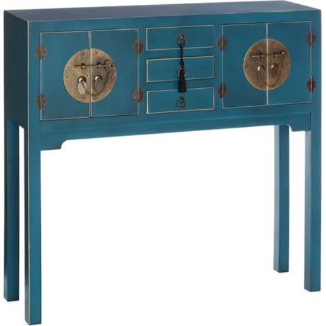 Console bleu profond avec 3 tiroirs centraux et ornements inspirés d'Asie CALINDI