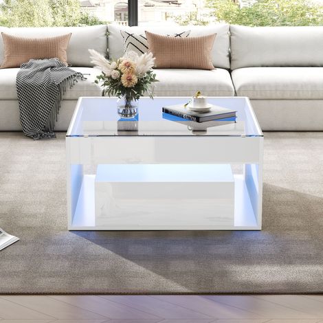 Table basse 70x70x35 cm blanche avec LED et rangement, MDF et verre trempé, design carré MEUBLIV (1/5)