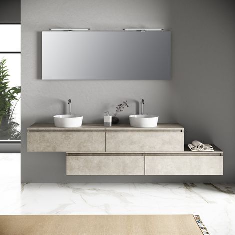 Meuble double vasque 9 pièces – 2 vasques céramique – 1 miroir réversible – 2 lampes LED 6000K – Dimensions L.225 P.45 H.190 cm – Tft Home Furniture