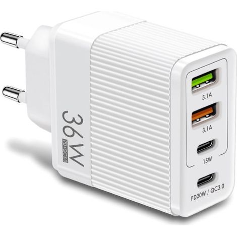 Chargeur USB C 36W 4 Ports Charge Rapide Compatible iPhone Samsung (1/5)