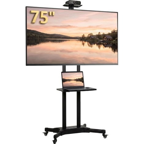 Support TV - HOMCOM - mobile, pour écrans de 32-75 pouce, avec étagère, hauteur réglable - métal - 85,3x64,8x189cm - noir (1/5)