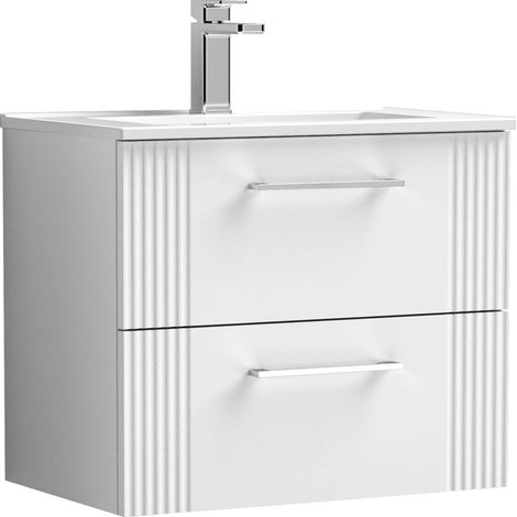 Belvide Partial Fluted 2 Drawer Wall Hung Vanity Unit with 1 Tap Hole Minimalist Basin - 600mm - White