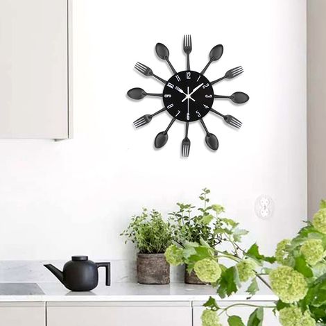Noir 32 CM Horloge de cuisine effet miroir avec cuillère, fourchette, autocollant amovible en 3D pour la décoration de la maison