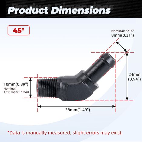 Aluminum 45°/90° hose barbed push-in oil/gas pipe reducer adapter - 1/8-5/16-45° (1/4)