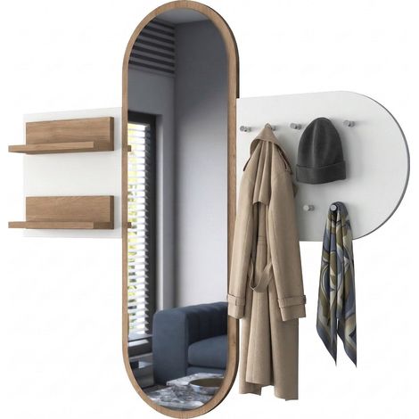 Appendiabiti Guardia, con Specchio, 9 Ganci, Installazione a Muro, 120h cm Bianco